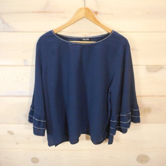Nic + Zoe Women's XL Linen Blend Blouse 3/4 Sleeve Bell Ruffle Sleeve Navy Blue - Picture 1 of 10
